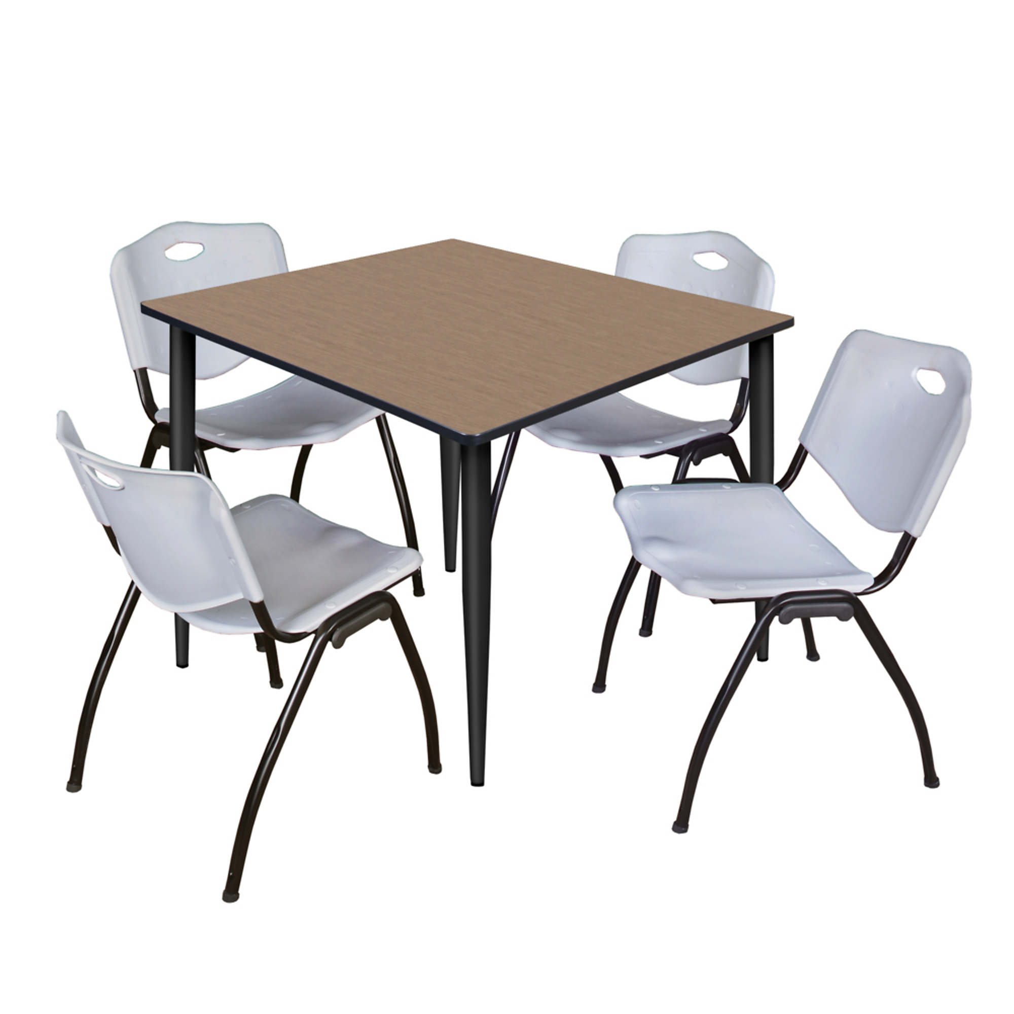 Regency Kahlo Breakroom Table Set — 48in. Square, Noble Oak/Neo Walnut Top, Black Base, 4 Grey Stack Chairs, Model# TPL4848NOBK47GY